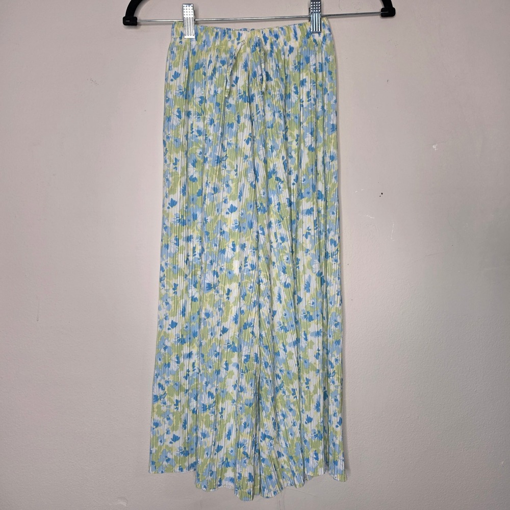 Zara Pants Kids 8 Blue Green Floral Pleated Wide Leg Plisse Trousers Boho Vacay